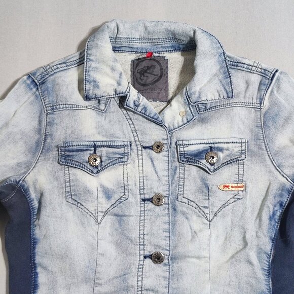 Parasuco jean jacket crop women's sz M hard washed denim blue distressed design - Picture 2 of 11